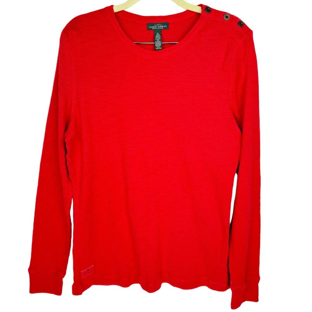 LRL‎ Lauren Jean Co. Red Rib-Knit Cotton Soft Long Sleeve Button Shoulder Top XL